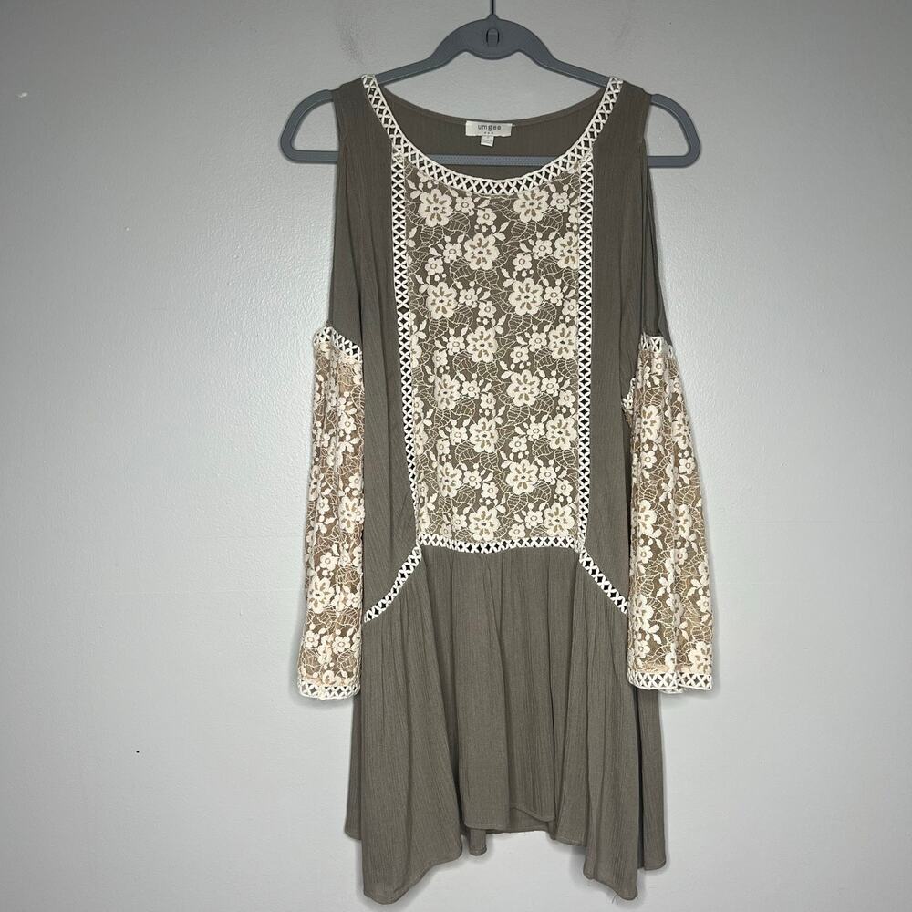 Umgee Bohemian Cold Shoulder Tunic Top Olive Green Ivory Lace Sz S Fairy Cottage